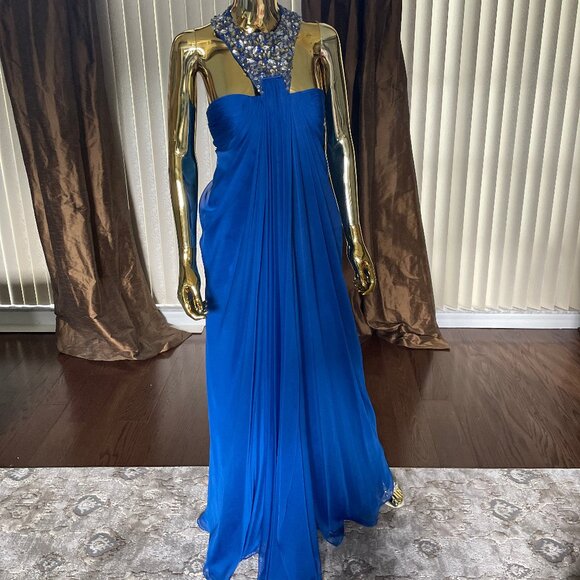 Royal Blue Beaded Formal Dress Size 6 Strapless A-Line Evening Gown